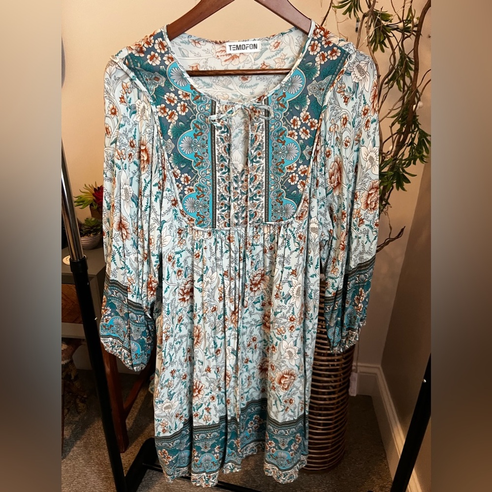 Temofon (XL) - Turquoise Floral Boho Gypsy Flutter Dress